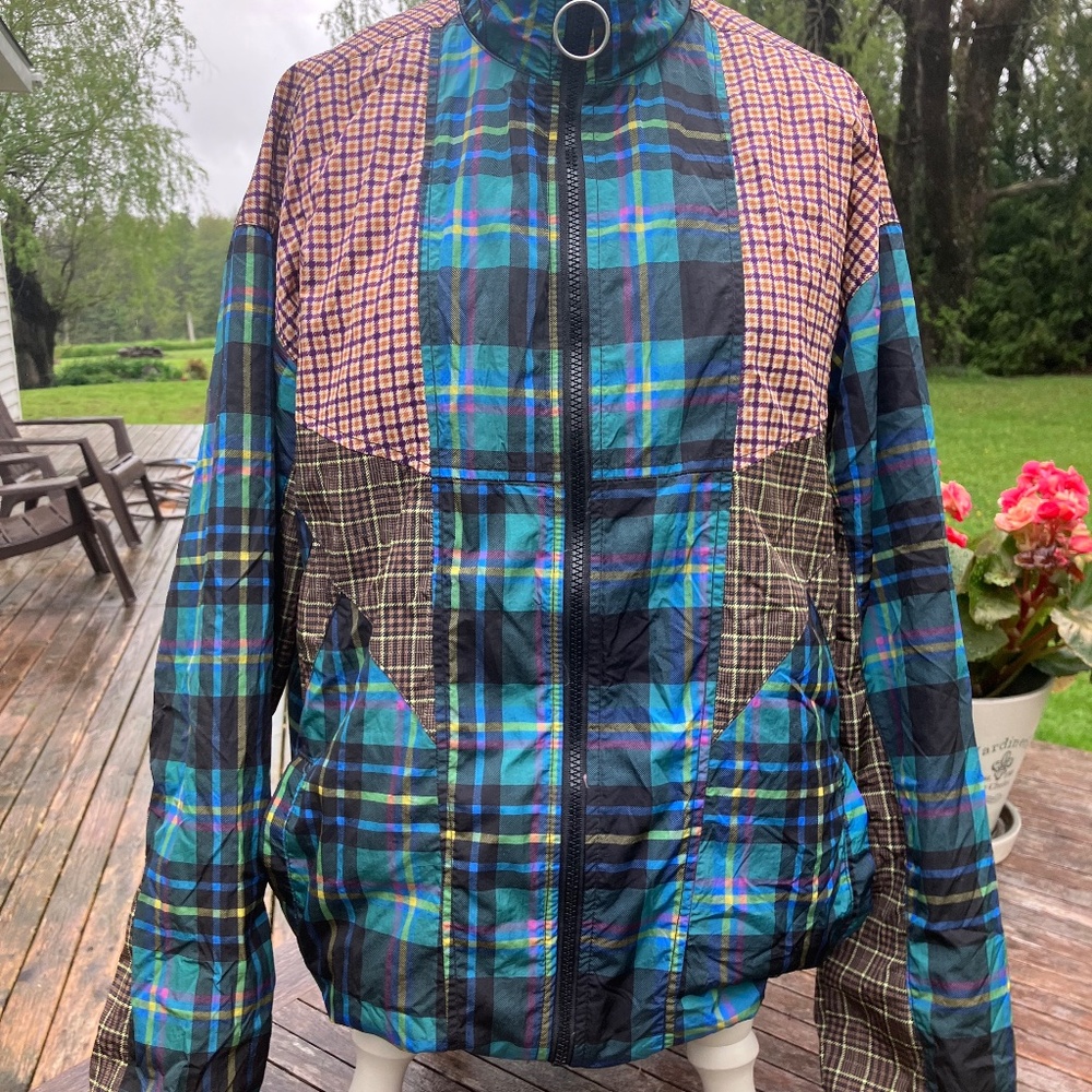 Urban Outfitters Small Jacket Patchwork Plaid Nylon Track Pockets Zip Unisex